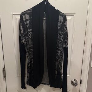 Black and Gray Skull Pattern Open-Front Cardigan